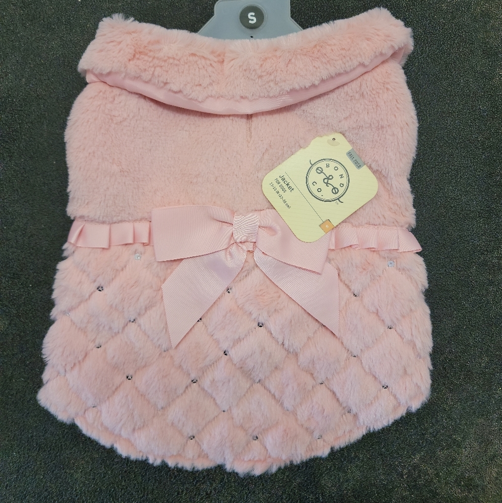 Size Small Faux Pink Fur dog jacket with "diamond" accents